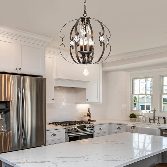 Farmhouse Crystal Chandeliers for Dining Room Light Fixture, 3-Light 18 Inch Candle Bronze Crystal Chandelier for Kitchen Island, Living Room, Foyer, Staircase, Villa