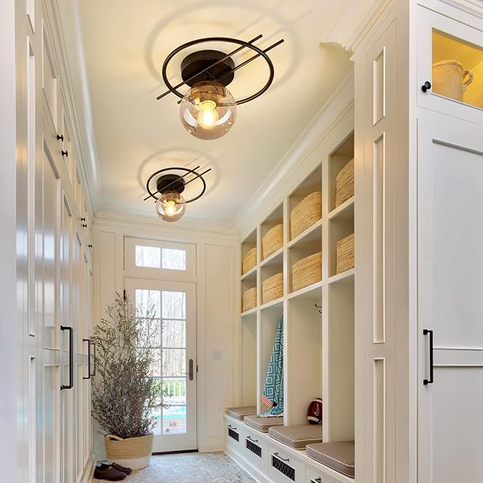 Matte black & gold finish Semi Flush Mount Ceiling Light Fixture Mid Century Modern Chandelier with Glass Globe Small Indoor Lighting for Kitchen Hallway Bathroom Bedroom Closet Farmhouse Proch.