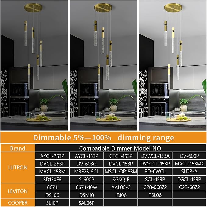 Pendant Lights Kitchen Island Light Fixtures Dimmable LED Modern Pendant Light with Bubble Crystal Pendant Lighting for Kitchen Bedroom Hallway Entryway (Gold 5-Light)
