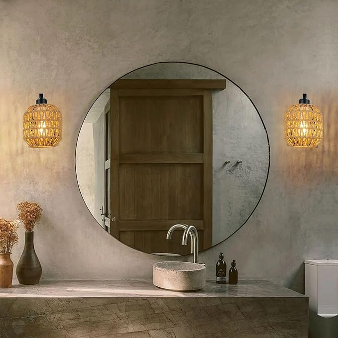 lobolighting Boho Rattan Wall Sconces Hardwired Hand-Woven Farmhouse Wall Lamps Indoor Rustic Wall Mount Light Fixtures for Bedroom Living Room Nursery Hallway 1Pack