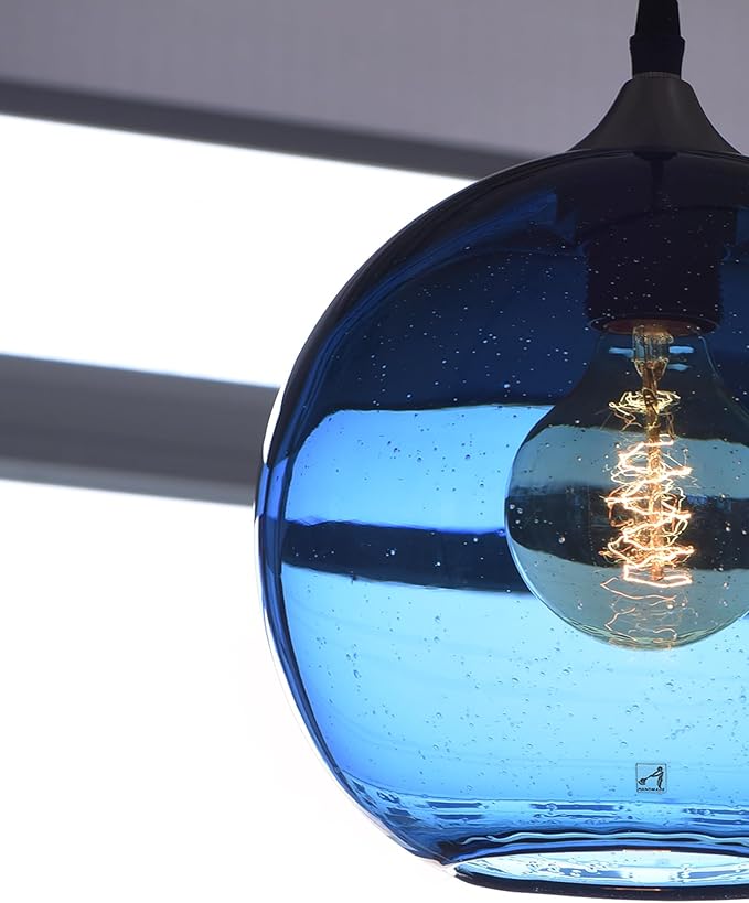 ARIAMOTION Pendant Lights Kitchen Island Blue Glass Lighting Modern Globe Ceiling Hanging Fixtures Seeded Bubble Bedside 8.7 Inch Diam 2-Pack Brushed Nickel