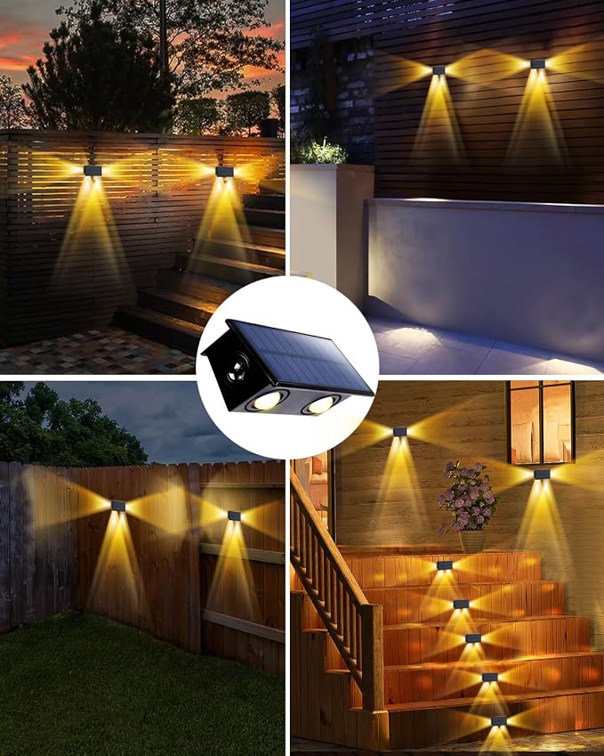 4Pack 3-Side Solar Fence Lights Outdoor Waterproof with Warm White LED Spot Lens, for Wall, Deck, Patio, Yard, Rail, Garage, Pool, Designed for Enhanced Security, Easy Install