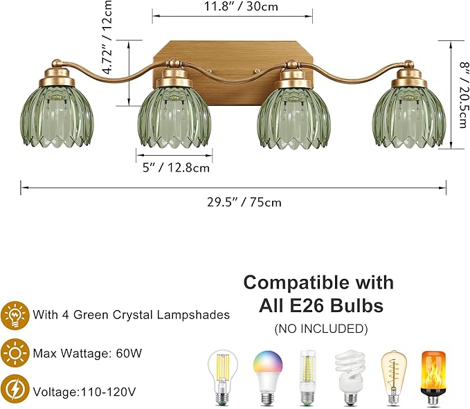VbiTmn Gold Bathroom Light Fixtures, 4 Light Vintage Vanity Lights, Antique Brass Brushed Gold Finish, Crystal Green Glass Shade, Mid Century Wall Sconces for Bedroom, Living Room, Hallway