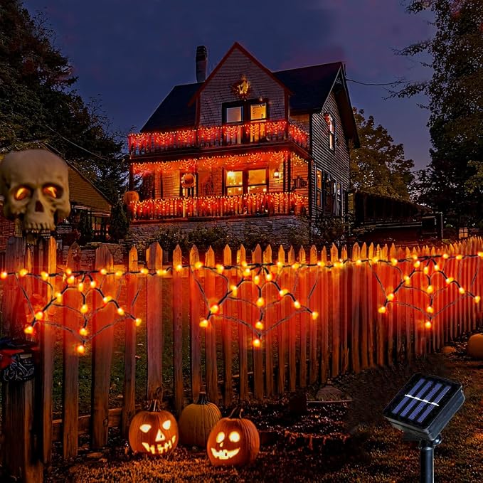 Halloween Spider Web Lights Outdoor, Solar Light up Cobweb String Lights with 60LED Lights, Spiderweb Curtain Fairy String Lights for Halloween Decorations Fireplace Proch Window Garden (Orange)