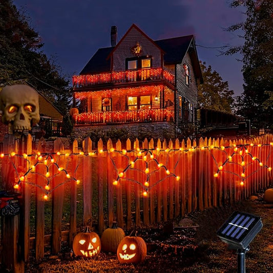 Halloween Spider Web Lights Outdoor, Solar Light up Cobweb String Lights with 60LED Lights, Spiderweb Curtain Fairy String Lights for Halloween Decorations Fireplace Proch Window Garden (Orange)