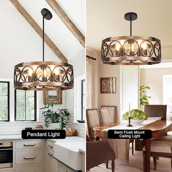 5 Light Light Fixtures Ceiling Mount 19.71" Flush Mount Ceiling Light,Height Adjustable Farmhouse Chandeliers for Dining Room Black Drum Chandelier Ceiling Hanging Pendant Light Fixture