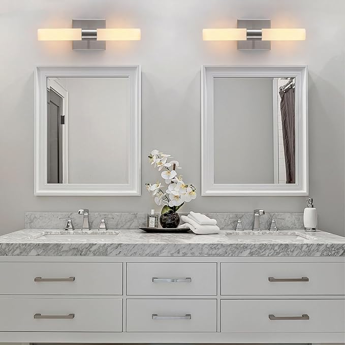 KUZZULL Wall Sconces Set of Two Brushed Nickel Bathroom Sconces Wall Decor Set of 2 Modern Wall Light Fixtures Metal Sconces Wall Lighting with Frosted Glass Shade Wall Mounted Lamp