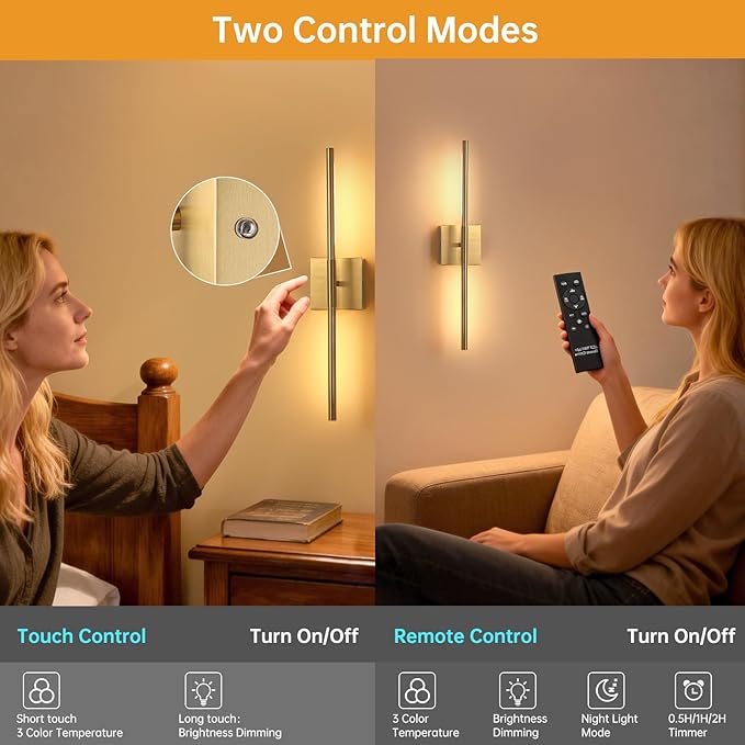 Shenmoyl Battery Operated Wall Sconce Set of 2, 8000mAh Wireless Wall Sconces, 3000K-6000K Dimmable, 350°Rotate, Indoor Wall Lights for Bedroom Living Room Bathroom, Gold, 23.6 Inch