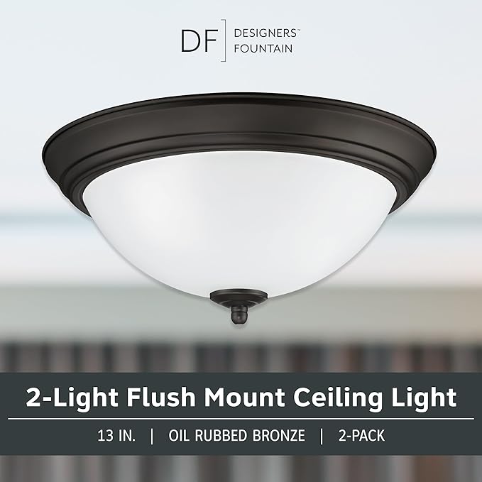 Designers Fountain Flush Mount Ceiling Light, 2-Pack, 13 Inch Frosted Glass Lighting Fixture for Kitchen, Bedroom, Bathroom, and Hallway, LED Bulbs Not Included, Oil Rubbed Bronze