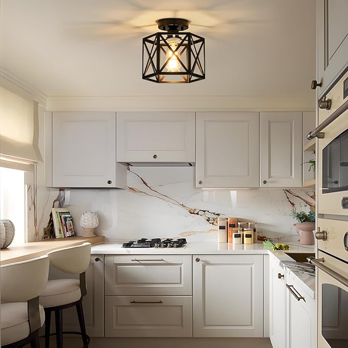 Modern Farmhouse Black Ceiling Light,Industrial Semi Flush Mount Ceiling Lighting Fixture,Hexagonal Hallway Lighting Fixtures for Kitchen,Bedroom,Foyer,Entryway,Laundry Room,1-Light, 9.5 Inch