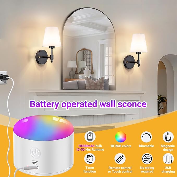 YHCDLAMP Battery Operated Wall Sconces Set of Two, Rechargeable Wireless Wall Lights with 10000mAh RGB Dimmable Detachable Bulb, Battery Sconces Wall Decor with Remote for Bedroom Living Room Hallway