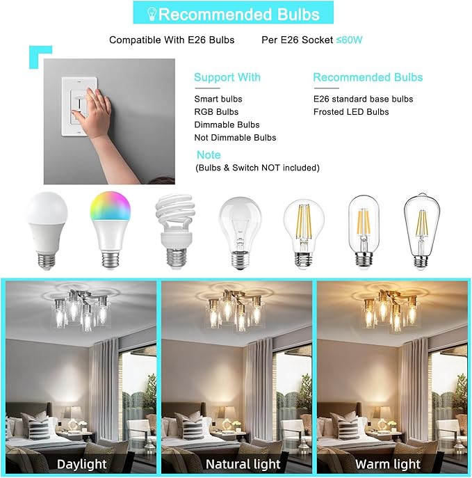 YYT Kitchen Lighting Fixtures Ceiling, Semi Flush Mount Ceiling Light, Brushed Nickel Cieling Lights Fixture, 4 Light Kitchen Light fixtures with Glass Shade for Bedroom Dining Room