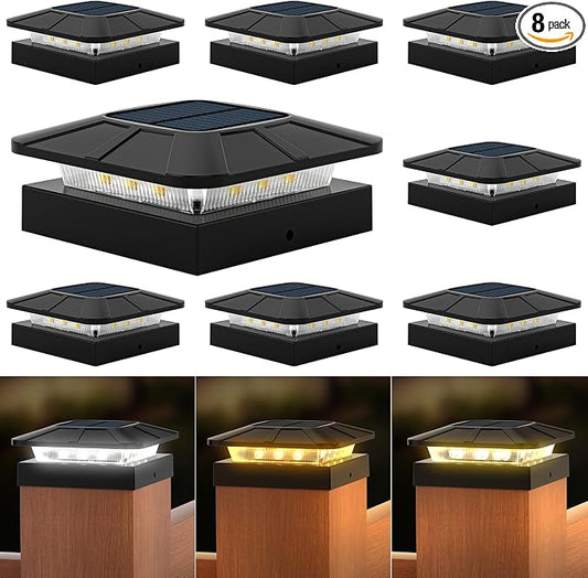 4x4 Solar Post Cap Lights Outdoor [8 Pack Waterproof IP65], 3 Lighting Modes for Fence Deck Patio Garden Decor, Dusk-to-Dawn Solar Powered Post Lights Fit 4x4 Wood/Vinyl