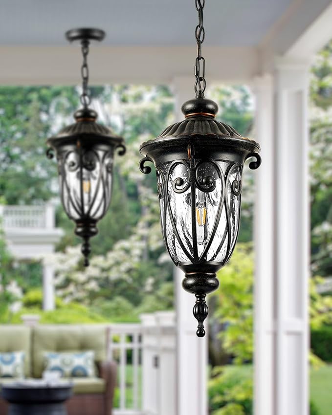 VIANIS Large Outdoor Pendant Light, Vintage Outdoor Chandelier, Farmhouse Waterproof Hanging Lights with Seed Glass, Ceiling Lights for Porch, House, Garden, Doorway, Anti-Rust