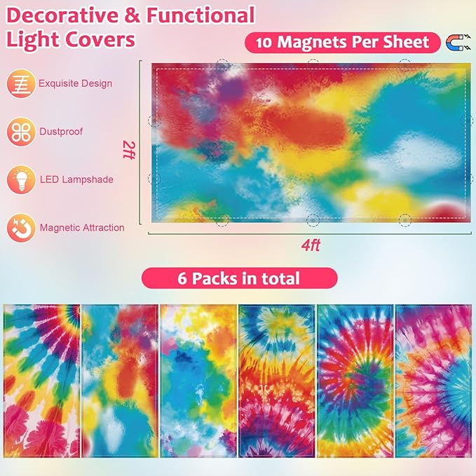 QOUBAI 6PCS Fluorescent Light Covers, 4x2 Feet Magnetic Light Cover Fluorescent Lights Shade Panel Positive Inspirational Ceiling Lights Filters for Office Classroom Home Drop Ceiling Tie Dye