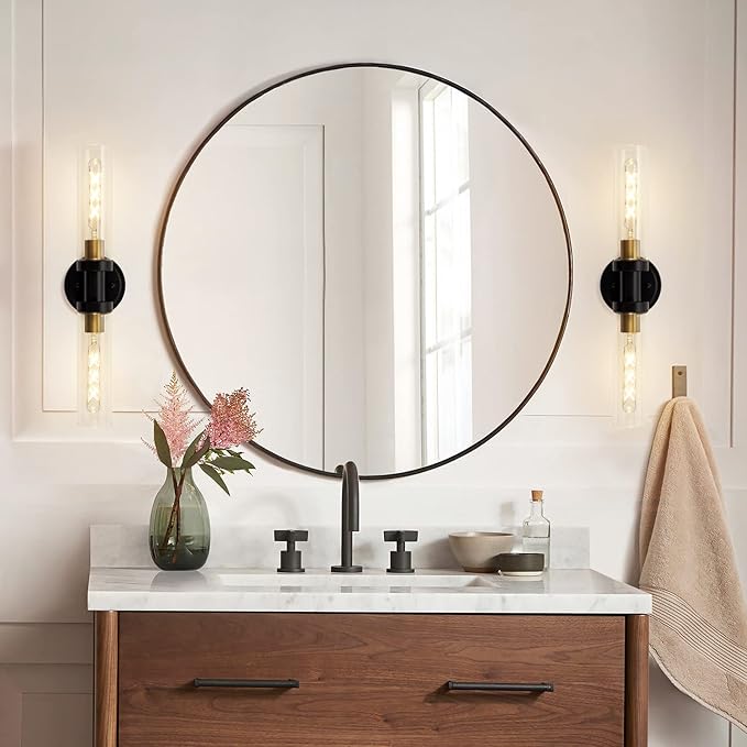 SANTOSTOCK Hardwired Wall Sconces Set of 2, Bathroom Sconces Vanity Light Fixture with Clear Glass, Black and Gold Farmhouse Wall Lights for Bathroom Mirror Living Room Hallway Kitchen