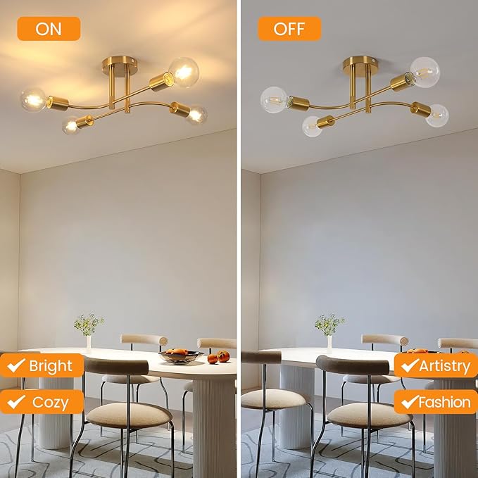 DELIPOP Sputnik Ceiling Light Fixture, 4-Light Gold Modern Semi Flush Mount, E26 Base Industrial Metal Chandelier Light Fixture Ceiling for Dining Room, Living Room, Bedroom, Kitchen