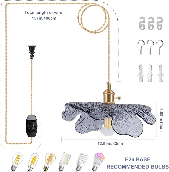 Plug in Pendant Light Fixtures,Hanging Light Fixture 12.9in Blue Glass Pendant Light,E26 Pendant Lighting for Kitchen Island, Bedroom, Dining Room, Living Room
