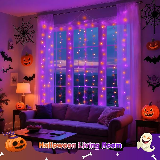 JMEXSUSS 200 LED Orange & Purple Halloween Curtain Lights Battery and USB Operated with Remote, 8 Modes Hanging String Lights for Bedroom, Halloween Lights Indoor Outdoor for Backdrop Party Decor