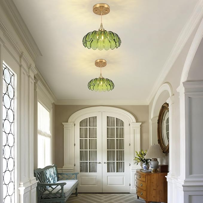 Pendant Lights Kitchen Island,Green Glass Vintage Light Fixtures,9.8inch E26 Adjustable Hanging Light Flower Finish Ceiling Hanging Lamp for Bedroom Living Room Hallway 1 Light