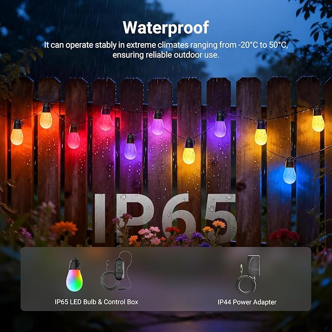 NEEWER 48ft Outdoor String Lights, App Control Smart AI RGBW Hanging Outside Patio Balcony Backyard Holiday Lighting, IP65 Waterproof, 15 LED Bulbs, 50+ Scenes, Compatible with Alexa Google, NR01