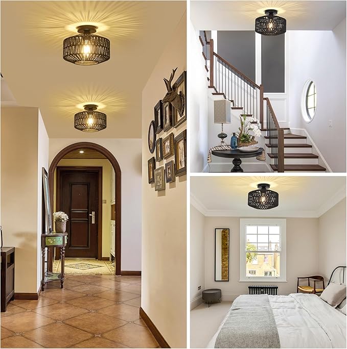 Rattan Light Fixtures Ceiling Mount,Boho Ceiling Light Fixture with Dimmable LED Bulb，Mini Hand Woven Rattan Chandelier Light Fixtures Ceiling for Bedroom Kitchen Entryway Living Room Hallway（Black）