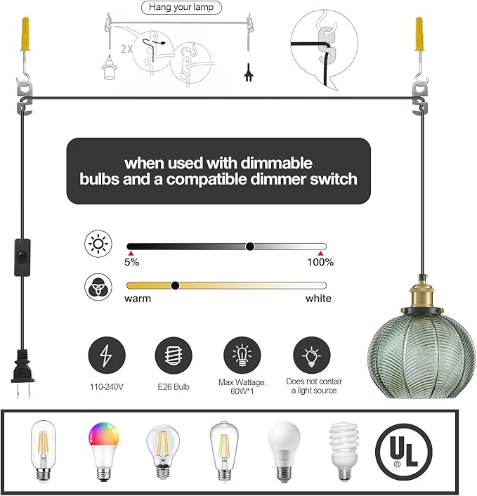 Modern Plug in Hanging Light 2-Light, 7.8 Inch Glass Pendant Light with Plug 14.76 FT Adjustable in Cord, Vintage Green Hanging Lamp for Dining Room Bedroom Kitchen Island Bathroom E26