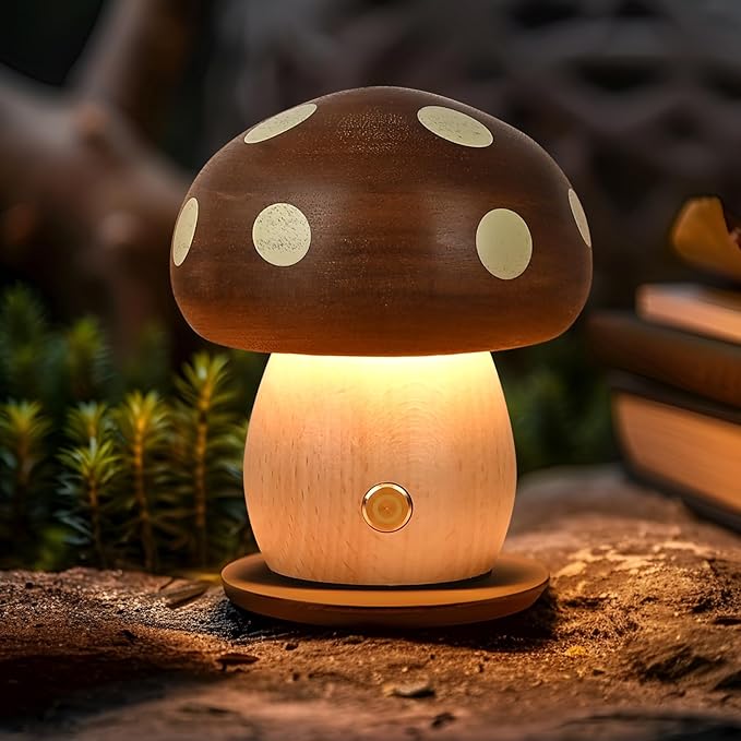 LONRISWAY 2Pack Wood Small Mushroom Table Lamp, LED Rechargeable Cordless Touch Bedside Lamps, Wireless Stepless Dimming Night Light, Portable Battery Lamp for Bedroom Nightstand for Birthday Gifts
