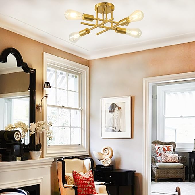 Modern Semi Flush Mount Ceiling Light Fixture, 4-Lights Farmhouse Light Fixtures Ceiling Mount Golden, Indoor Close to Ceiling Lights for Living Room Bedroom Kitchen Hallway, Bulb Not Included