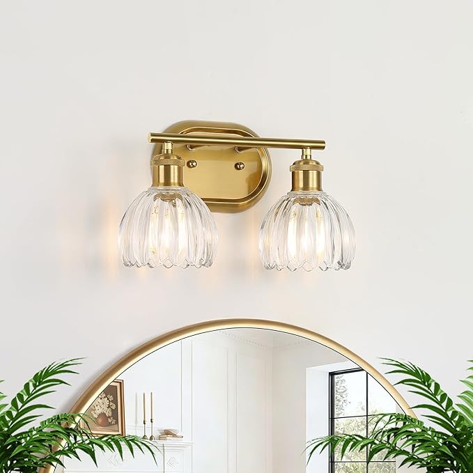 2-Light Bathroom Light Fixtures, Gold Vanity Lights for Bathroom with Ribbed Clear Tulip Glass Shade, Brass Vintage Wall Scone Lighting Over Mirror for Farmhouse,Bedroom,Living Room,Hallway