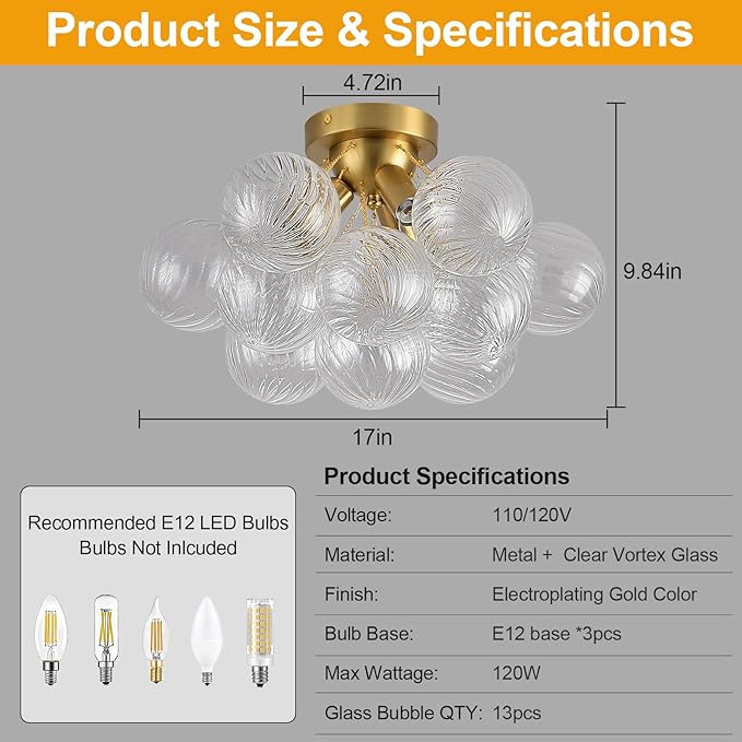 Bubble Chandelier Bubble Ceiling Light 17in Semi Flush Mount Chandelier Blown Glass Mid Century Close to Ceiling Light Fixture for Bedroom Hallway Entryway Kitchen Foryer Dining Room 1 Pack
