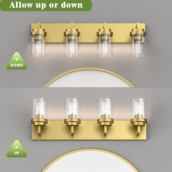 Espird Bathroom Lighting Fixtures, 4-Light Bathroom Vanity Lights Over Mirror, Brass Vanity Light with Glass Shade, Modern Vanity Lighting Fixtures for Bedroom, Hallway