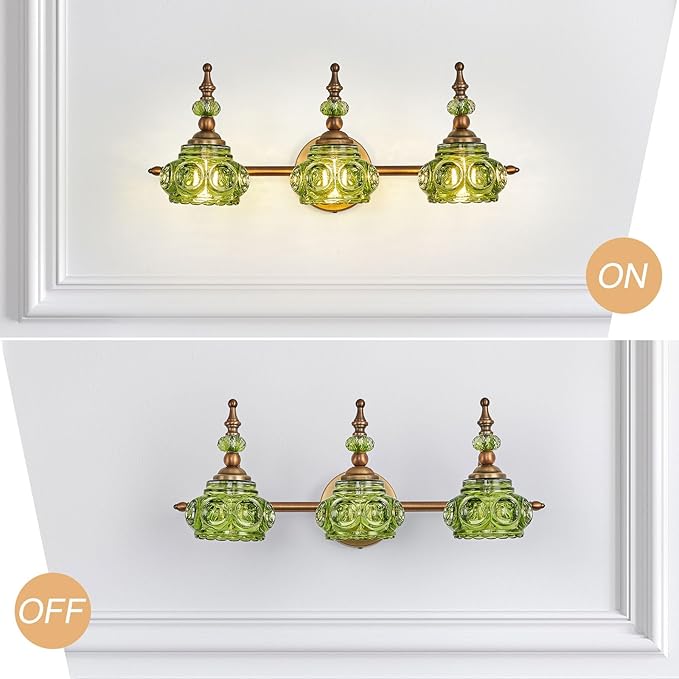 Vintage 3-Light Bathroom Vanity Light Fixtures, Modern Brass Vanity Wall Sconces Over Mirror with Green Glass Shade for Bathroom Bedroom Living Room