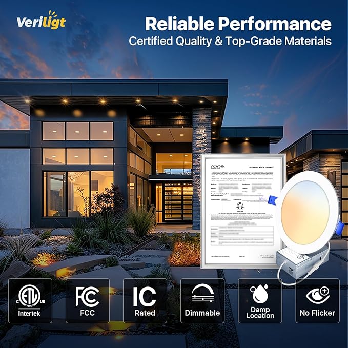 6 Pack 6 Inch 5CCT LED Recessed Light, Silm Canless Recessed Lighting, Dimmable, Damp Rated, 2700K-5000K Selectable, Wafer Ceiling Downlight with Junction Box, 1200LM, 12W 120V, ETL&FCC