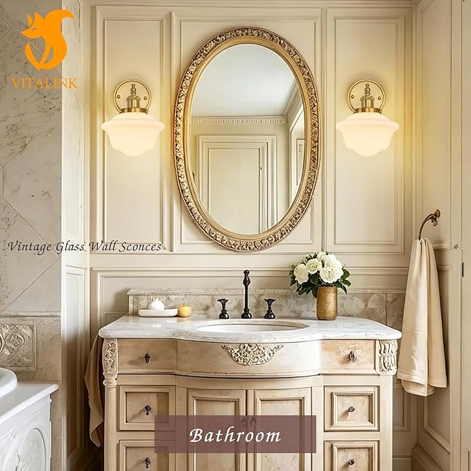 VitaLink Vintage Wall Sconces, Golden Hardwired Milk White Glass Wall Sconce Lighting Fixtures Vanity Light Schoolhouse Wall Lamp for Bedroom Living Room Bathroom Hallway