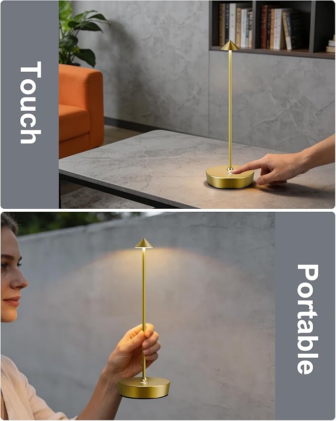 LED Cordless Table Lamp Rechargeable - 6000mAh Battery Operated Waterproof Desk Lamp 3 Color Stepless Dimming Touch Lamps Memory Light for Home Restaurant Dining Outdoor Patio Set of 2 Gold
