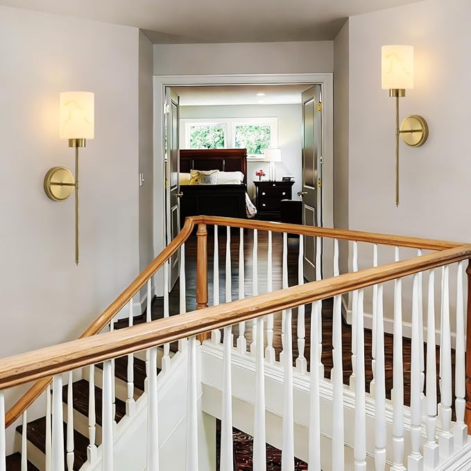 Gold Wall Sconces Set of 2 with Marble Glass Shade, Modern Bathroom Vanity Light Fixtures for Bedroom, Hallway, Entryway, Living Room
