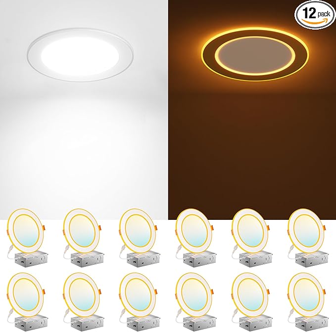 Amico 12 Pack 6 Inch 5CCT LED Recessed Ceiling Light with Double Ring Night Light, 2700-5000K Selectable Ultra-Thin Recessed Lighting, 12W=110W, 1100LM, Dimmable Canless Wafer Downlight, ETL, FCC