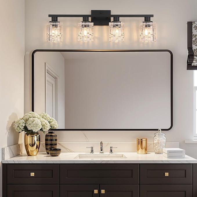 4 Light Matte Black Bathroom Vanity Light Over Mirror, Modern Vanity Lighting with Crystal Glass Shade, Wall Mount Bathroom Light Fixtures, E26 Base
