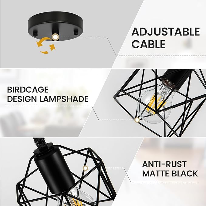 1-Light Hanging Pendant Light Fixture, Black Pendant Lights Kitchen Island, Farmhouse Pendant Lighting with Bedroom Dining Room, E26 Base, Bulbs Not Included, 3 Packs