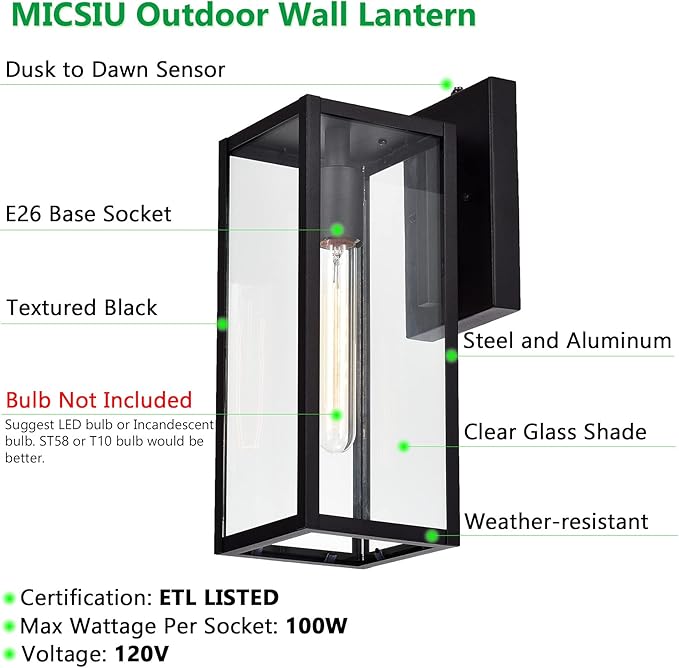 MICSIU 2 Pack Dusk to Dawn Outdoor Lighting, 14.5 Inch Modern Farmhouse Exterior Wall Sconce with Clear Glass, Industrial Black Outside Porch Lights for House Garage Entryway, E26 Base, ETL Listed
