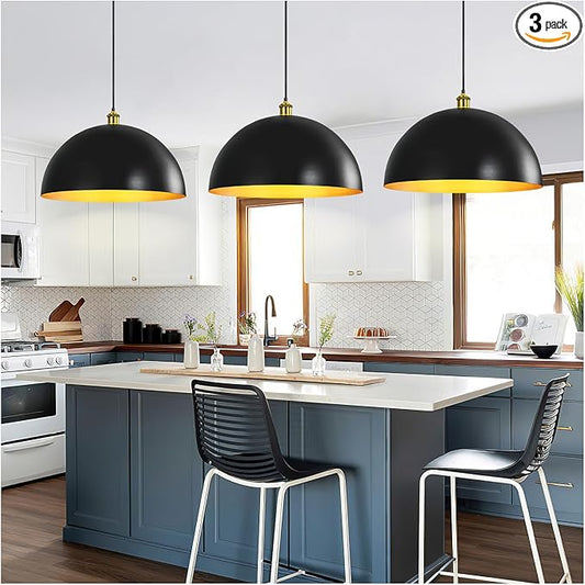 Black-Farmhouse Pendant-Light Hanging-Lamp Fixtures - 16 inch Kitchen Island Pendant Lights Industrial Dome Ceiling Lighting Dining Room Large Vintage Light for Indoor Black and Gold