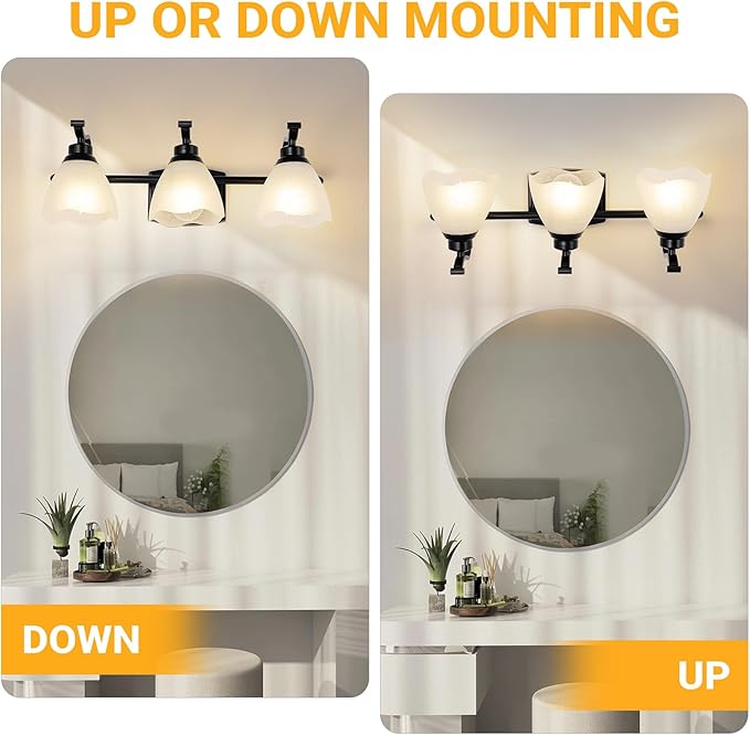 WJShome 3-Light Bathroom Light Fixture, 19.5" Vintage Vanity Lights with Frosted Glass Shades, Farmhouse Black Wall Light Fixtures, for Mirror, Living Room, Cabinet, Bedroom, Porch