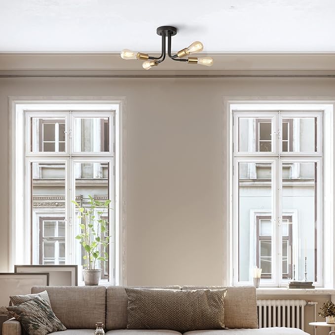 GLOBE Electric 66000072 4-Light Adjustable Socket Semi-Flush Mount Ceiling Light, Matte Black, Matte Brass Accents, Ceiling Light Fixture, Home Improvement, E26 Base, Pivot Joint, Exposed Socket