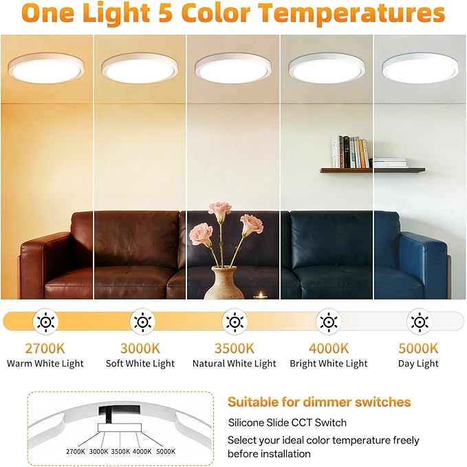 12 Inch 4Pack Super Slim Flush Mount Ceiling Light Fixture,24W 3200LM Dimmable 5CCT Selectable 2700K-5000K Round Light Fixture for Living/Bedroom,Kitchen/Bathroom,Porch &All Indoor Spaces White