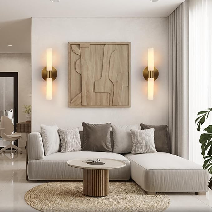 KUZZULL Wall Sconces Set of Two, Brass Gold Bathroom Sconces Wall Lighting with White Glass, Modern Sconces Wall Decor Set of 2 Wall Light fixtures for Bathroom Mirror Living Room Hallway Wall Lamp