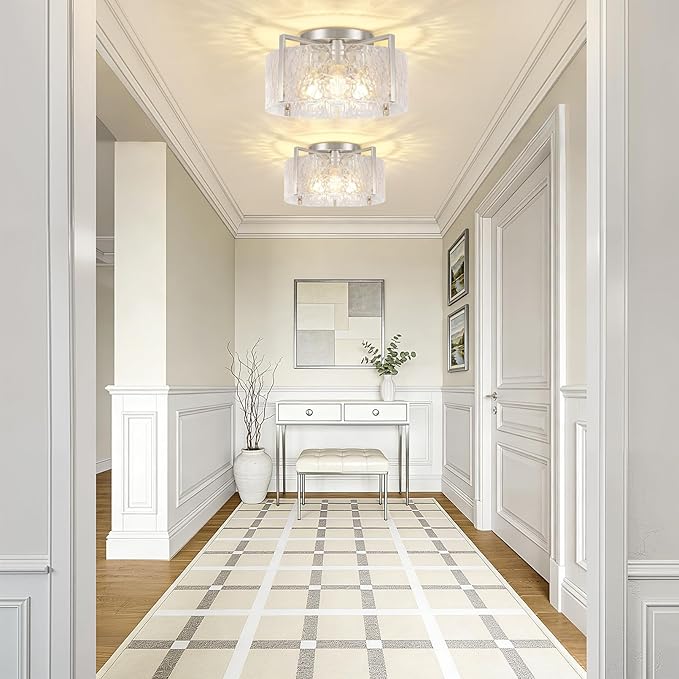 4-Light Modern Semi Flush Mount Ceiling Light Silver, 16'' Entryway Light Fixture, Glass Ceiling Mount with Hammer Glass for Passage Aisle Kitchen Island Dining Room Living Room Lighting Fixtures