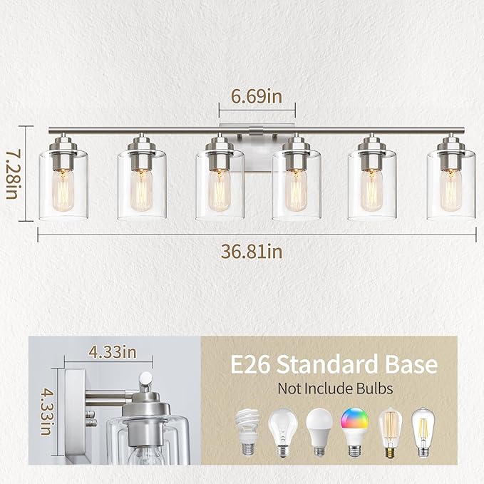SKEJAO Bathroom Vanity Light Over Mirror,Brushed Nickel 6-Light Vanity Light for Bathroom,Bathroom Light Fixture Wall Sconce Lighting for Bedroom,Living Room