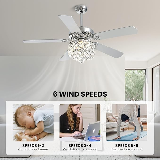 CROSSIO 52" Crystal Ceiling Fan with Light Dimmable LED Chandelier Ceiling Fan Modern Reversible Fandelier Light Fixture with Remote for Bedroom Dining Room Living Room Chrome