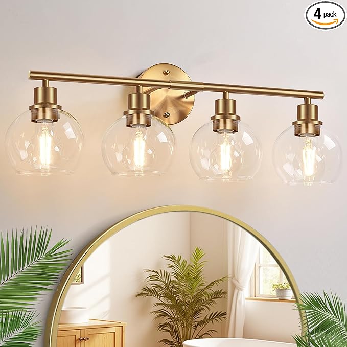 Indoi 4-Light Bathroom Light Fixtures,Gold Modern Vanity Lights Over Mirror with Clear Glass Globe Shade, Bathroom Wall Sconces for Mirror Kitchen Living Room Hallway Cabinet Bedroom Porch